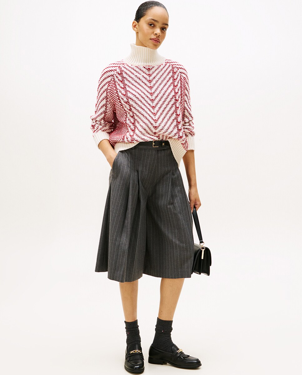 Camisola de Malha de Gola Alta e Padrão Chevron Vermelho-5