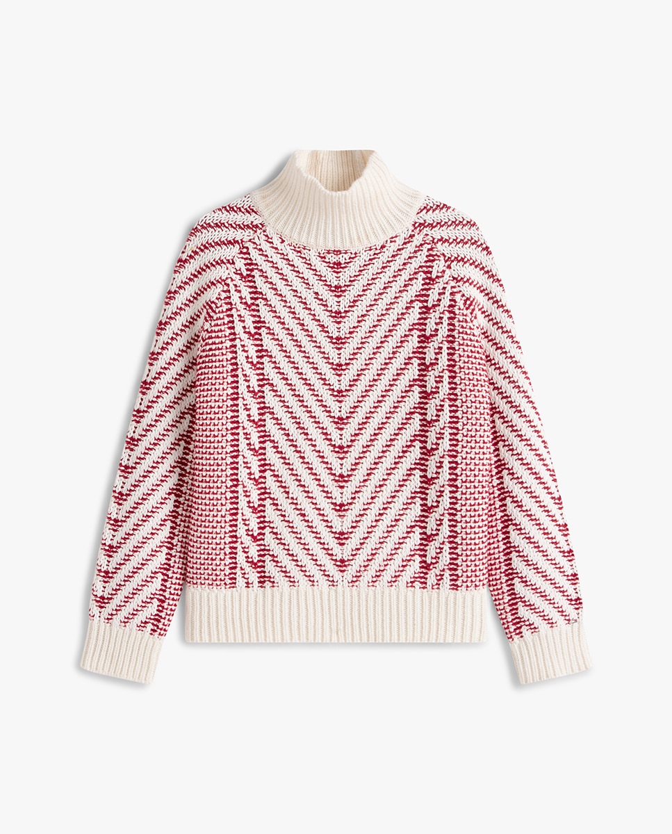 Camisola de Malha de Gola Alta e Padrão Chevron Vermelho-4