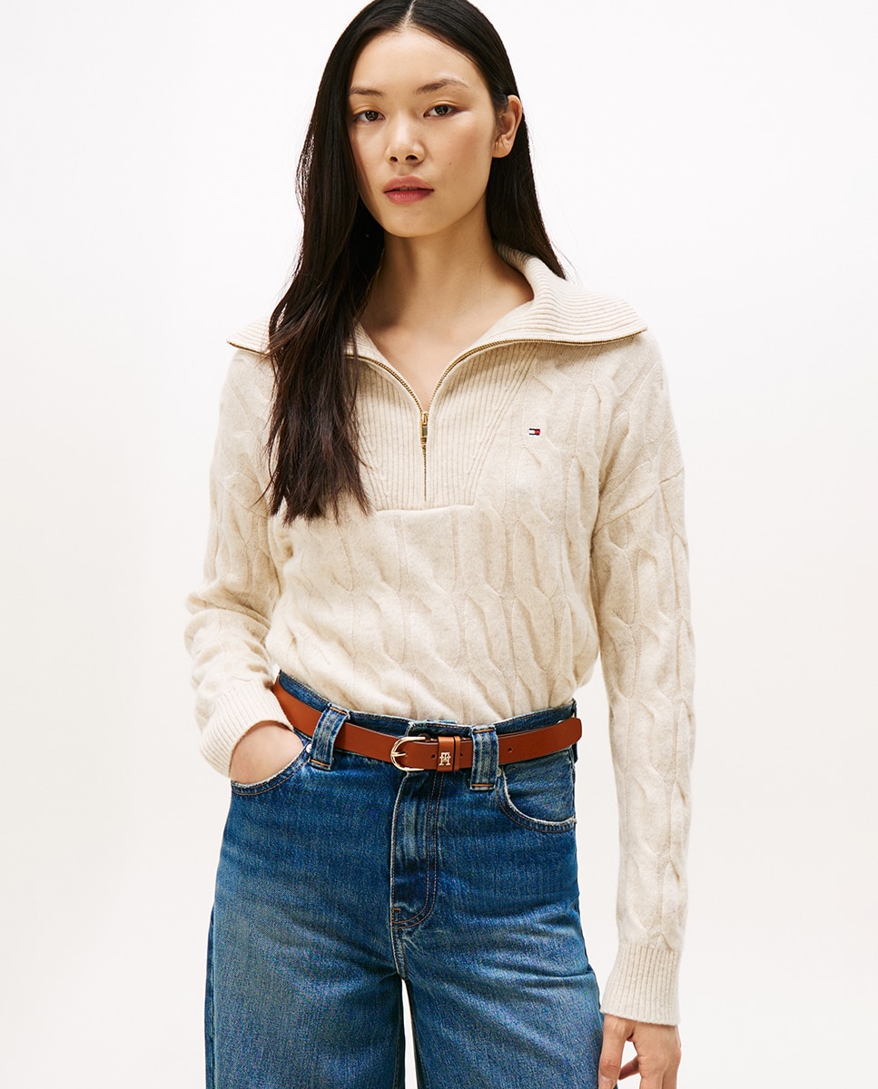 Camisola de Malha do Cabo com Meio Fecho de Correr Creme-1