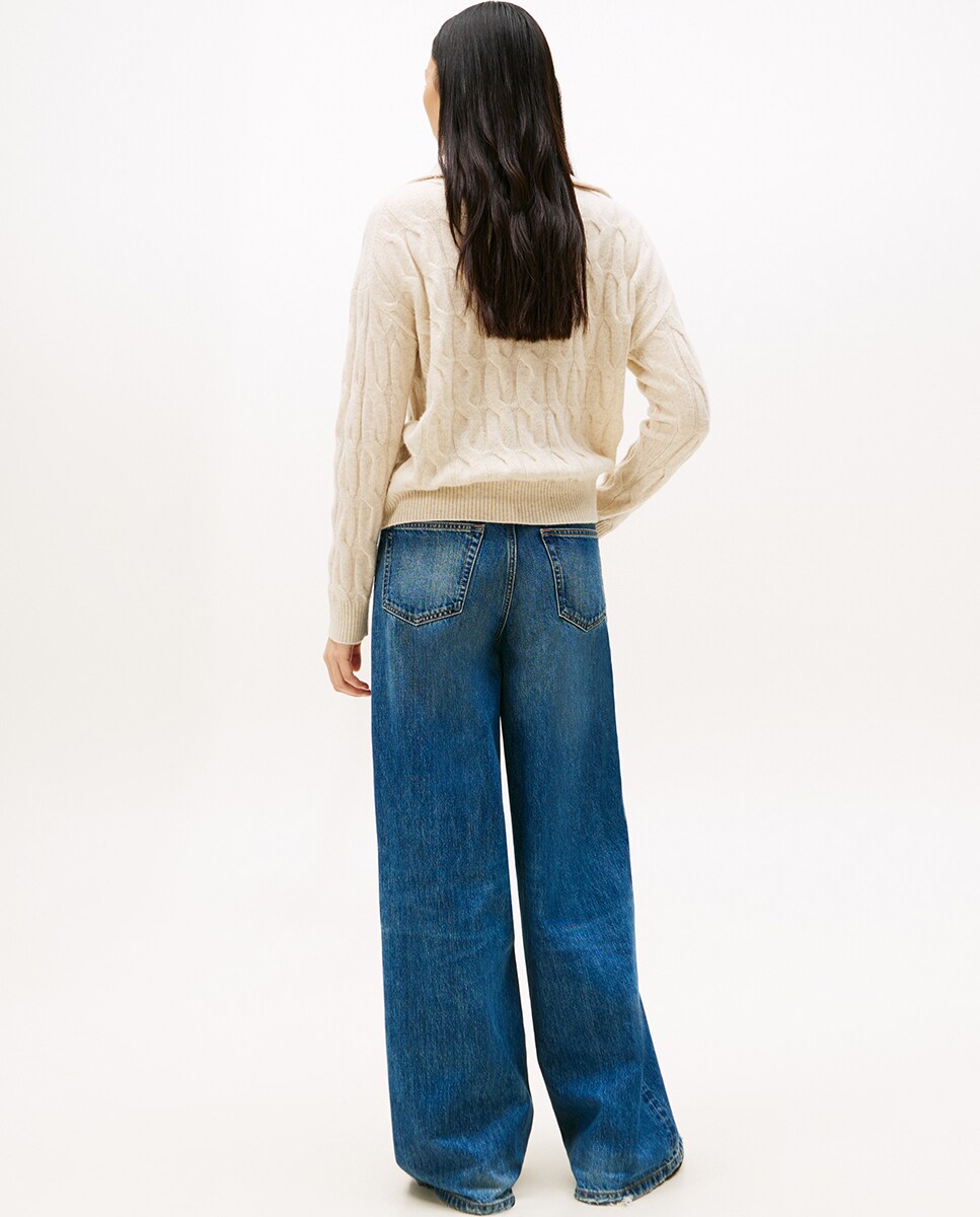 Camisola de Malha do Cabo com Meio Fecho de Correr Creme-2