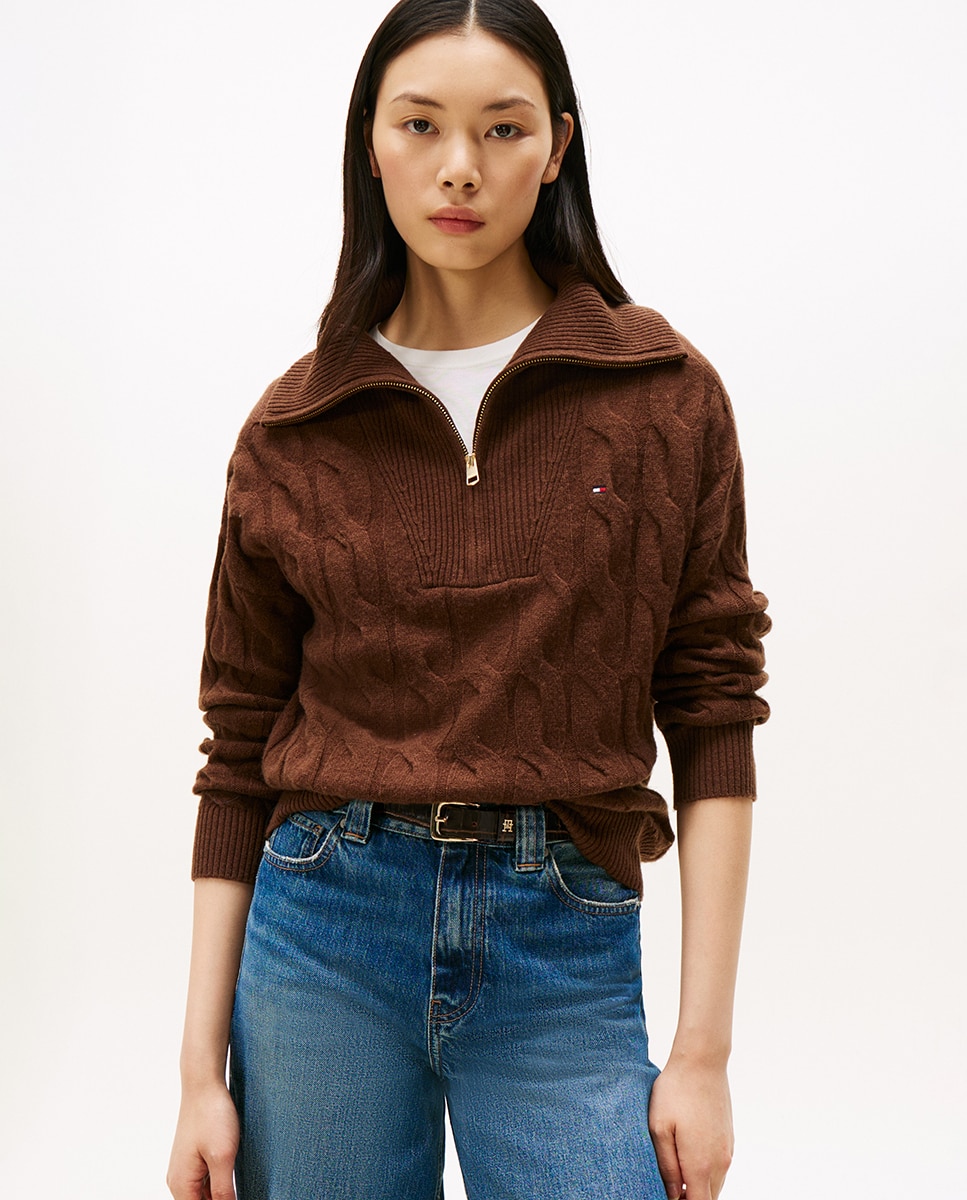 Camisola de Malha do Cabo com Meio Fecho de Correr Castanho-escuro-1