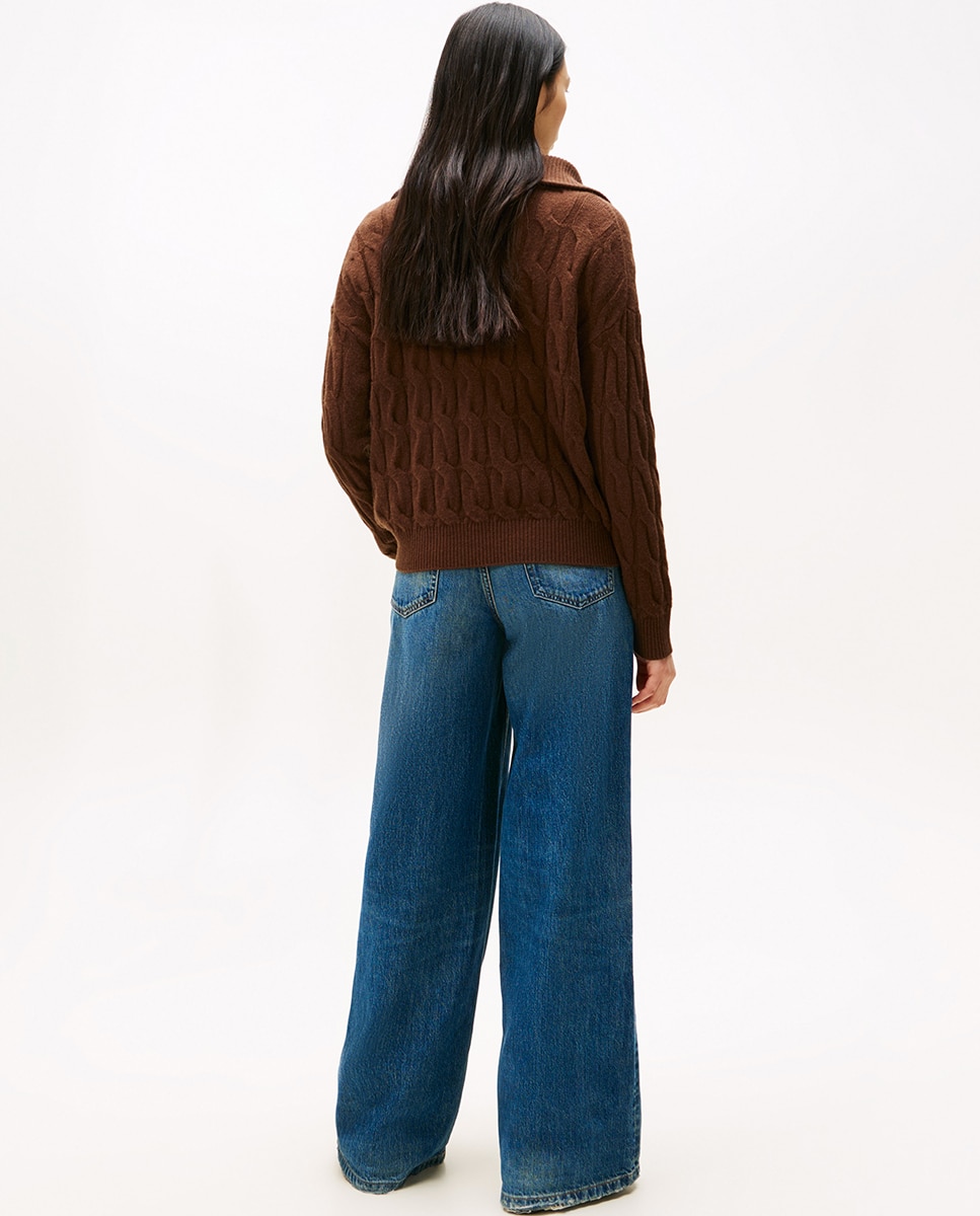 Camisola de Malha do Cabo com Meio Fecho de Correr Castanho-escuro-2