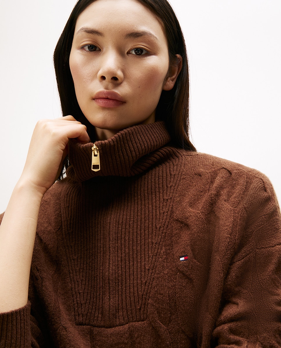 Camisola de Malha do Cabo com Meio Fecho de Correr Castanho-escuro-3