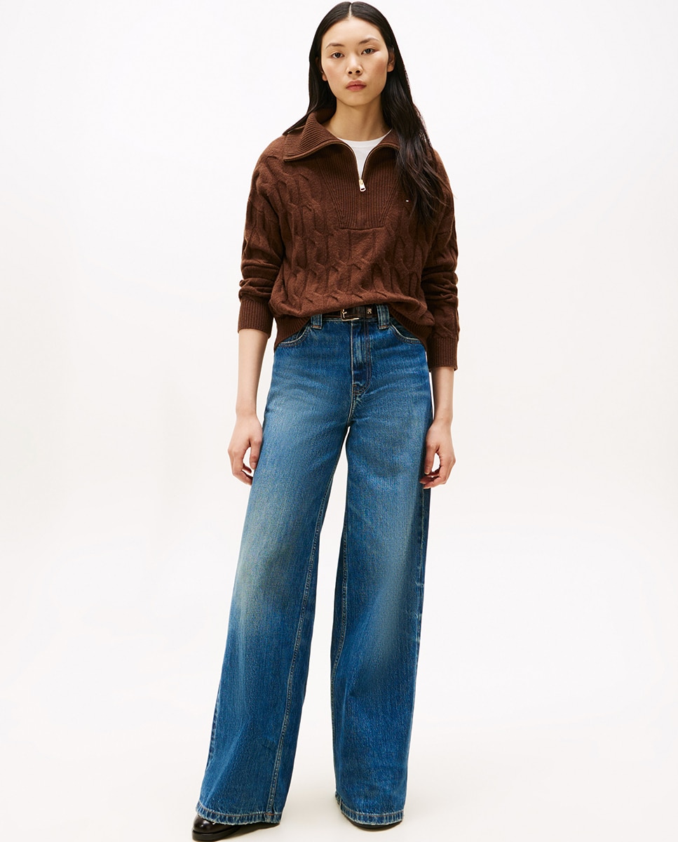 Camisola de Malha do Cabo com Meio Fecho de Correr Castanho-escuro-4