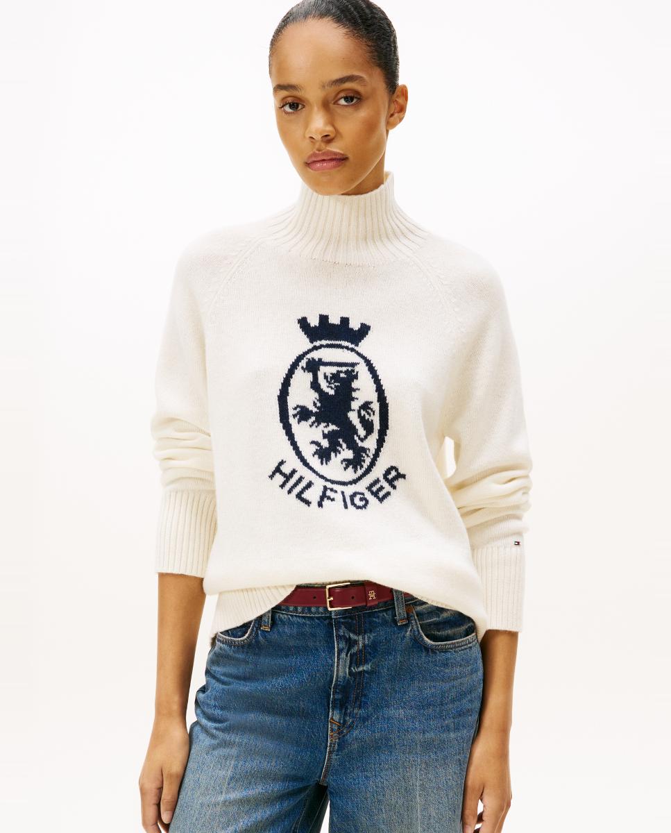 Camisola de Malha com Meia Gola e Logótipo Crest Branco-1