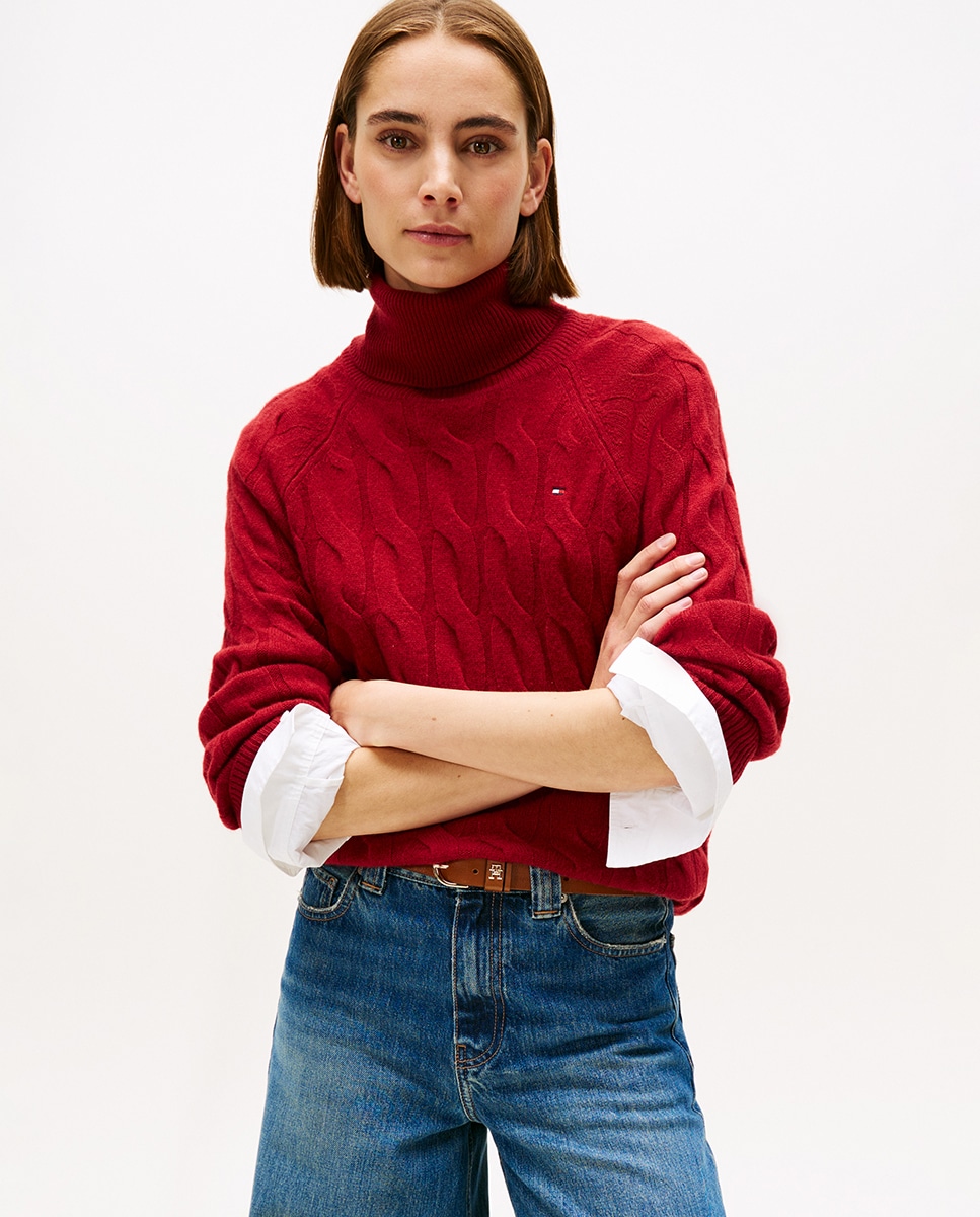 Camisola de Malha do Cabo com Gola Alta Vermelho-1