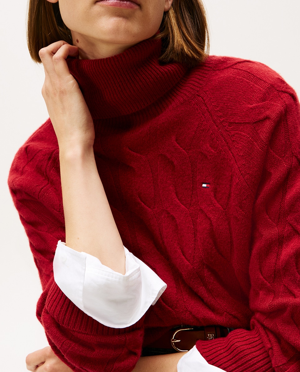 Camisola de Malha do Cabo com Gola Alta Vermelho-3