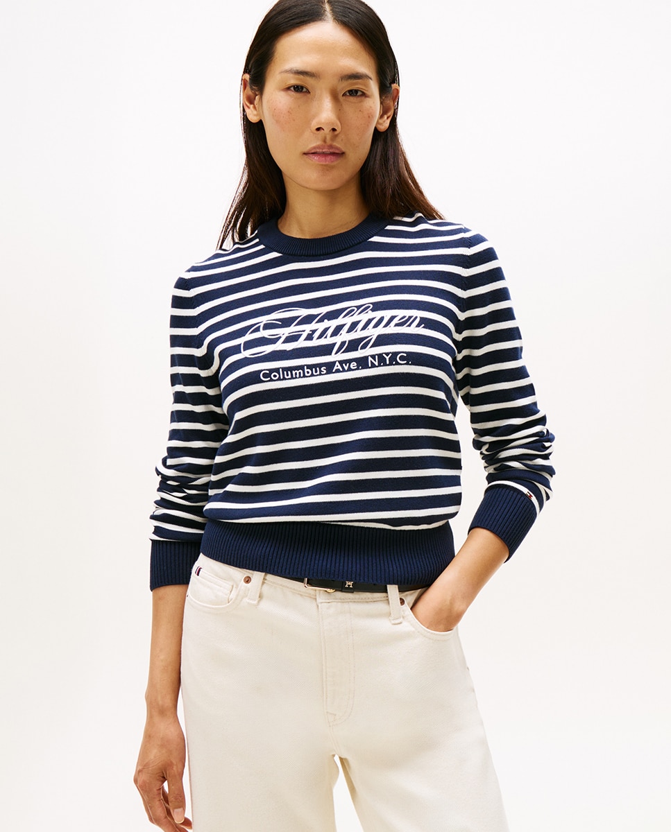 Camisola de Malha às Riscas com Logótipo Bordado à Frente Azul-marinho-1