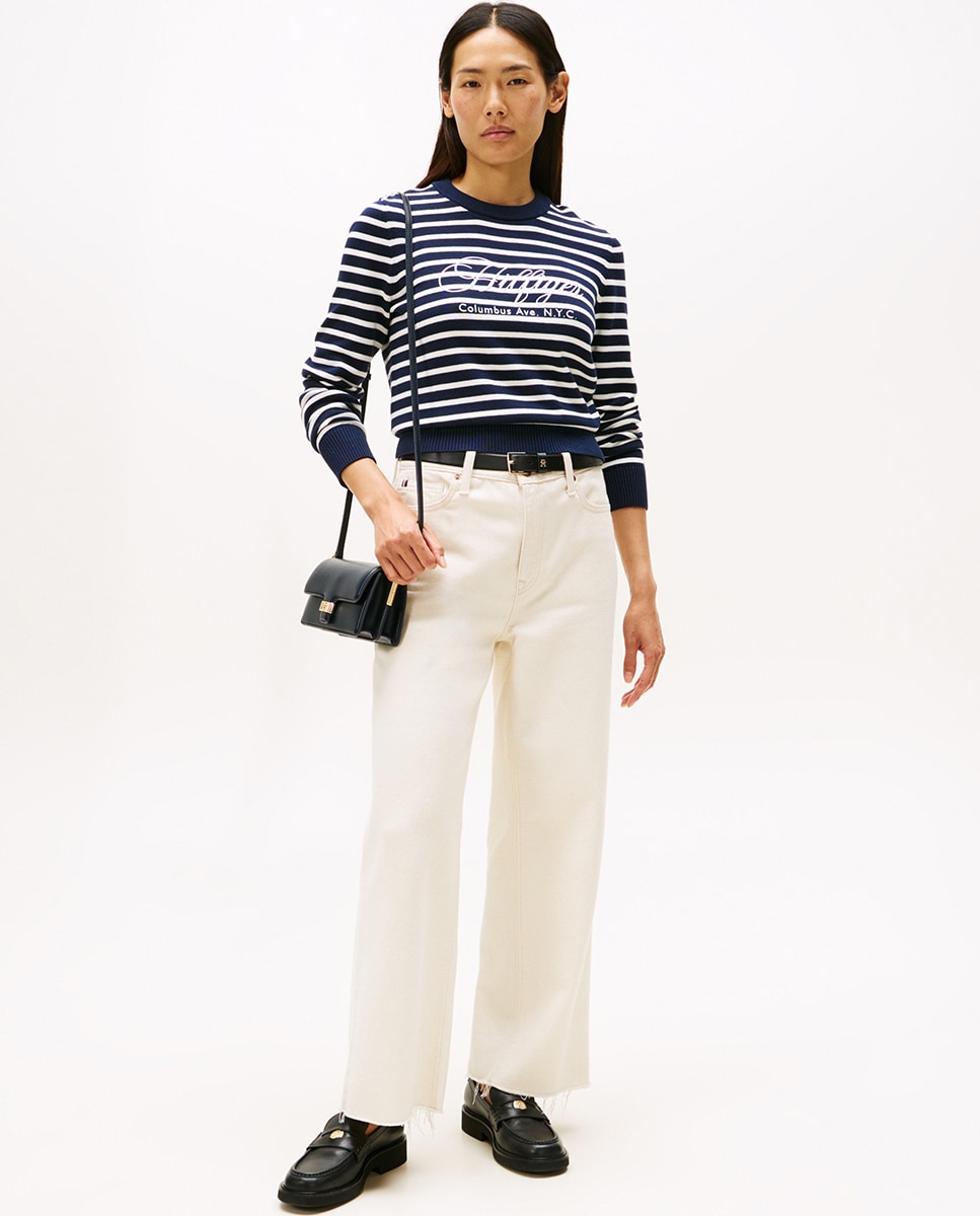 Camisola de Malha às Riscas com Logótipo Bordado à Frente Azul-marinho-5