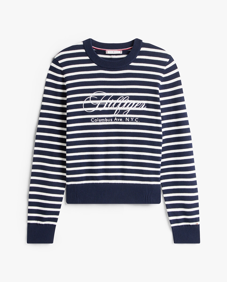 Camisola de Malha às Riscas com Logótipo Bordado à Frente Azul-marinho-4