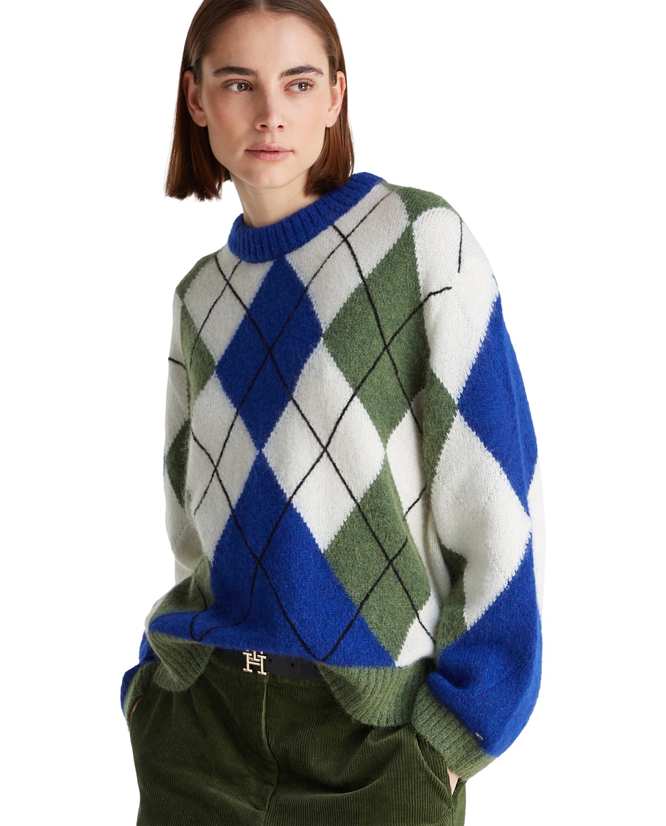 Camisola de Malha com Estampado de Losangos Azul-índigo-1