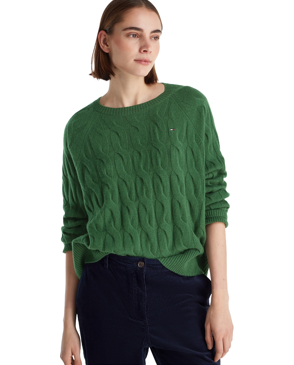 Camisola de Malha do Cabo de Lã com Decote Redondo Verde-1