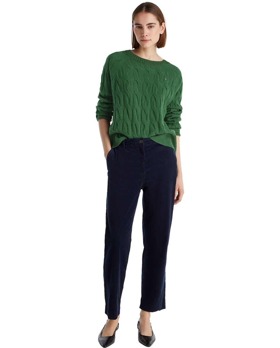 Camisola de Malha do Cabo de Lã com Decote Redondo Verde-6