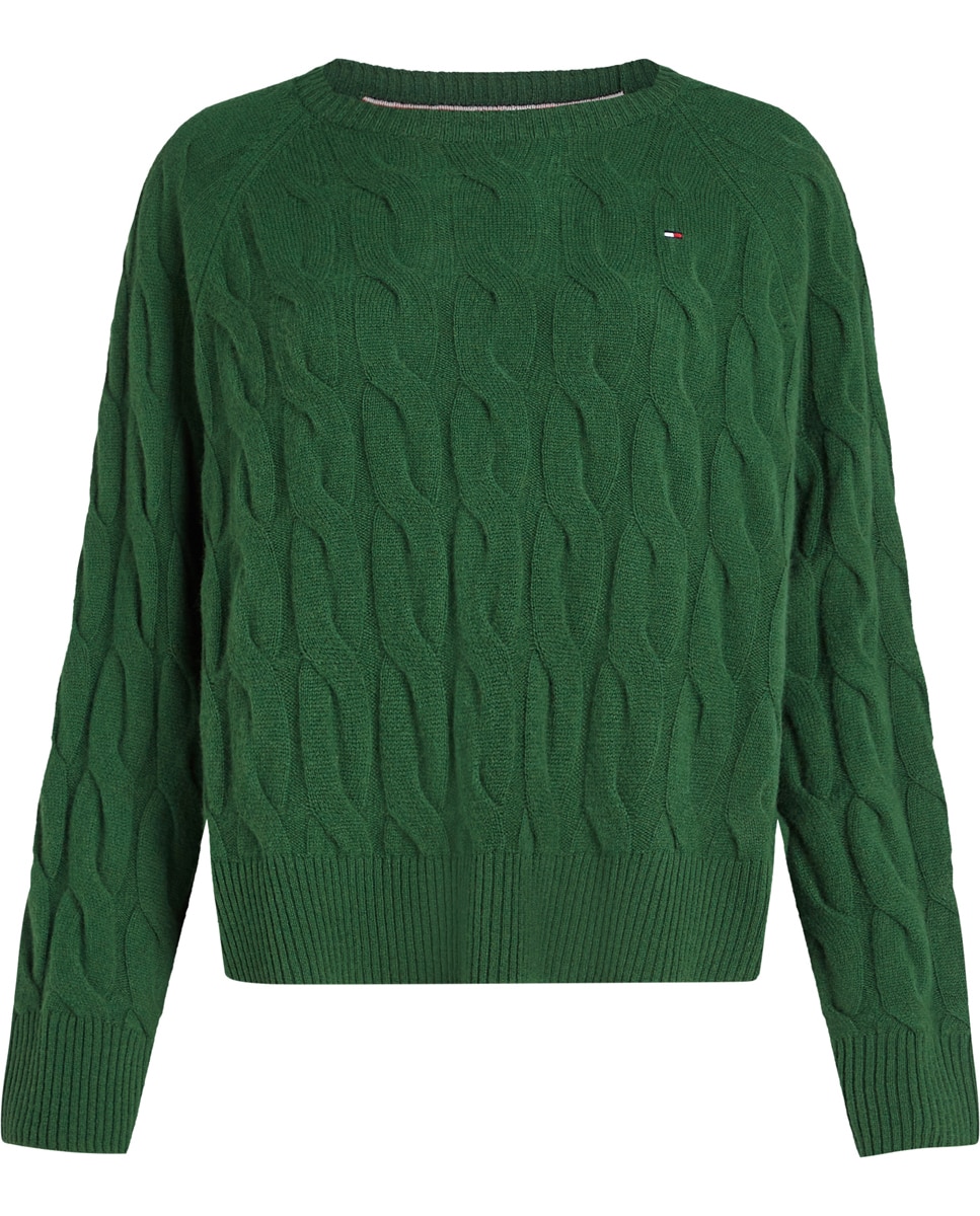 Camisola de Malha do Cabo de Lã com Decote Redondo Verde-3