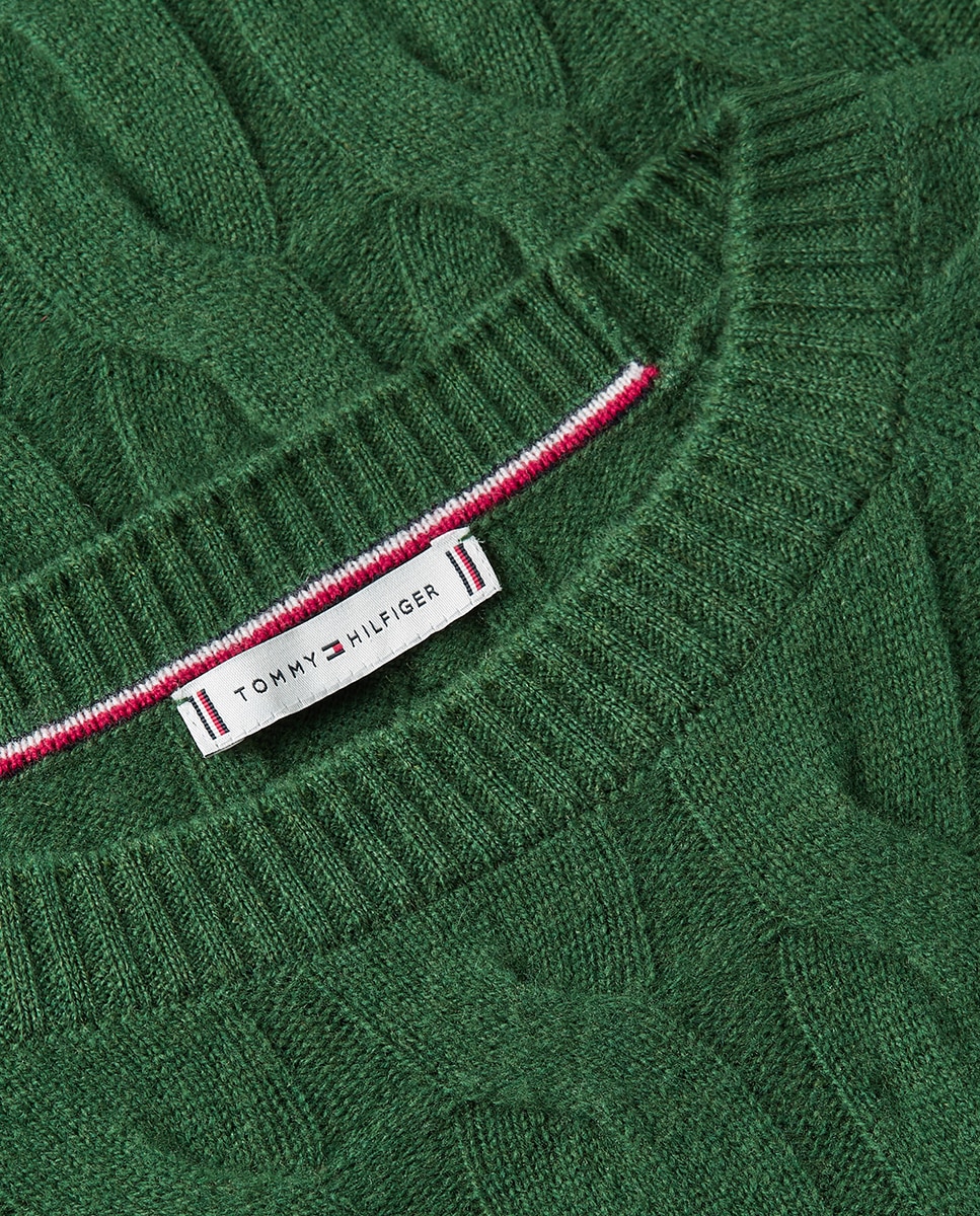 Camisola de Malha do Cabo de Lã com Decote Redondo Verde-5