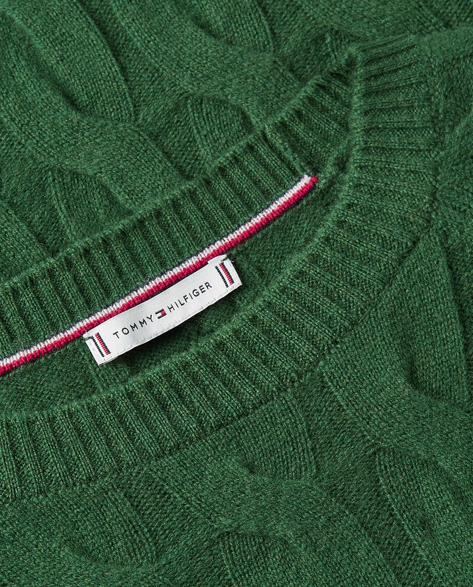 Camisola de Malha do Cabo de Lã com Decote Redondo Verde-5