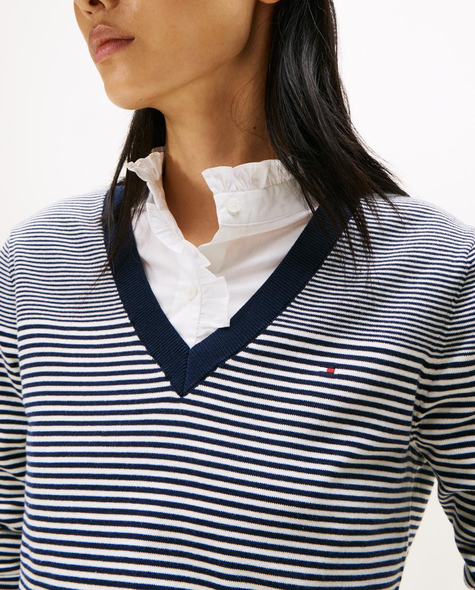 Camisola de Malha às Riscas com Decote em Bico Azul-marinho-3