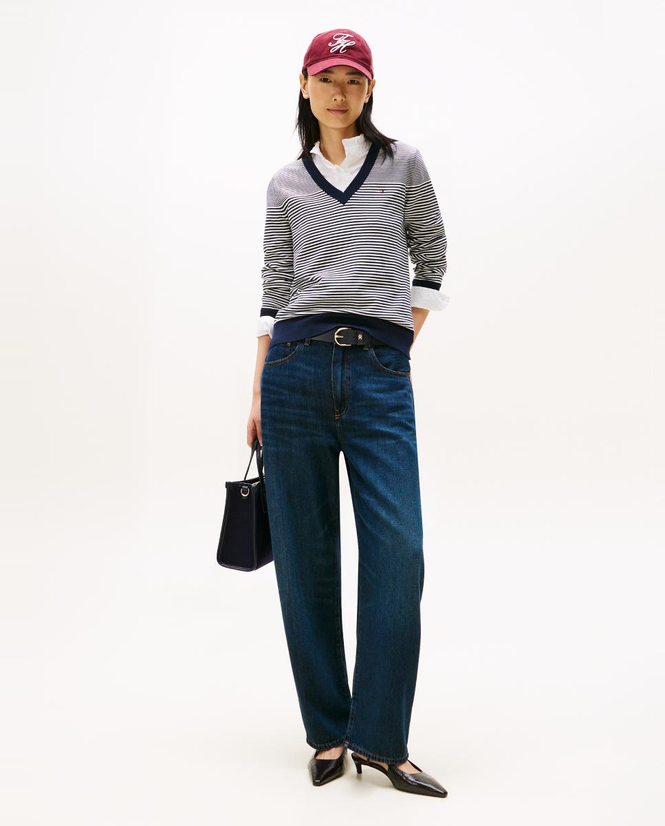 Camisola de Malha às Riscas com Decote em Bico Azul-marinho-5