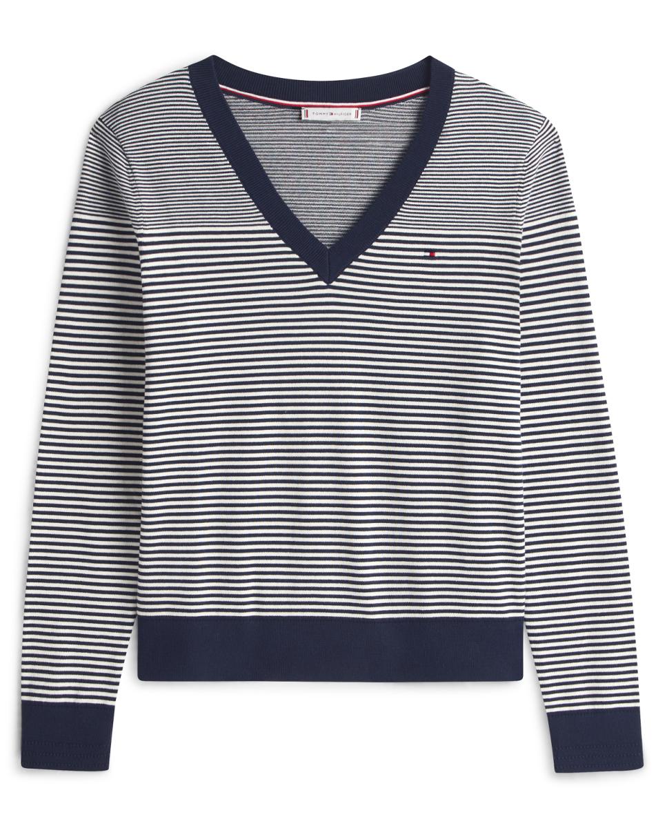 Camisola de Malha às Riscas com Decote em Bico Azul-marinho-4