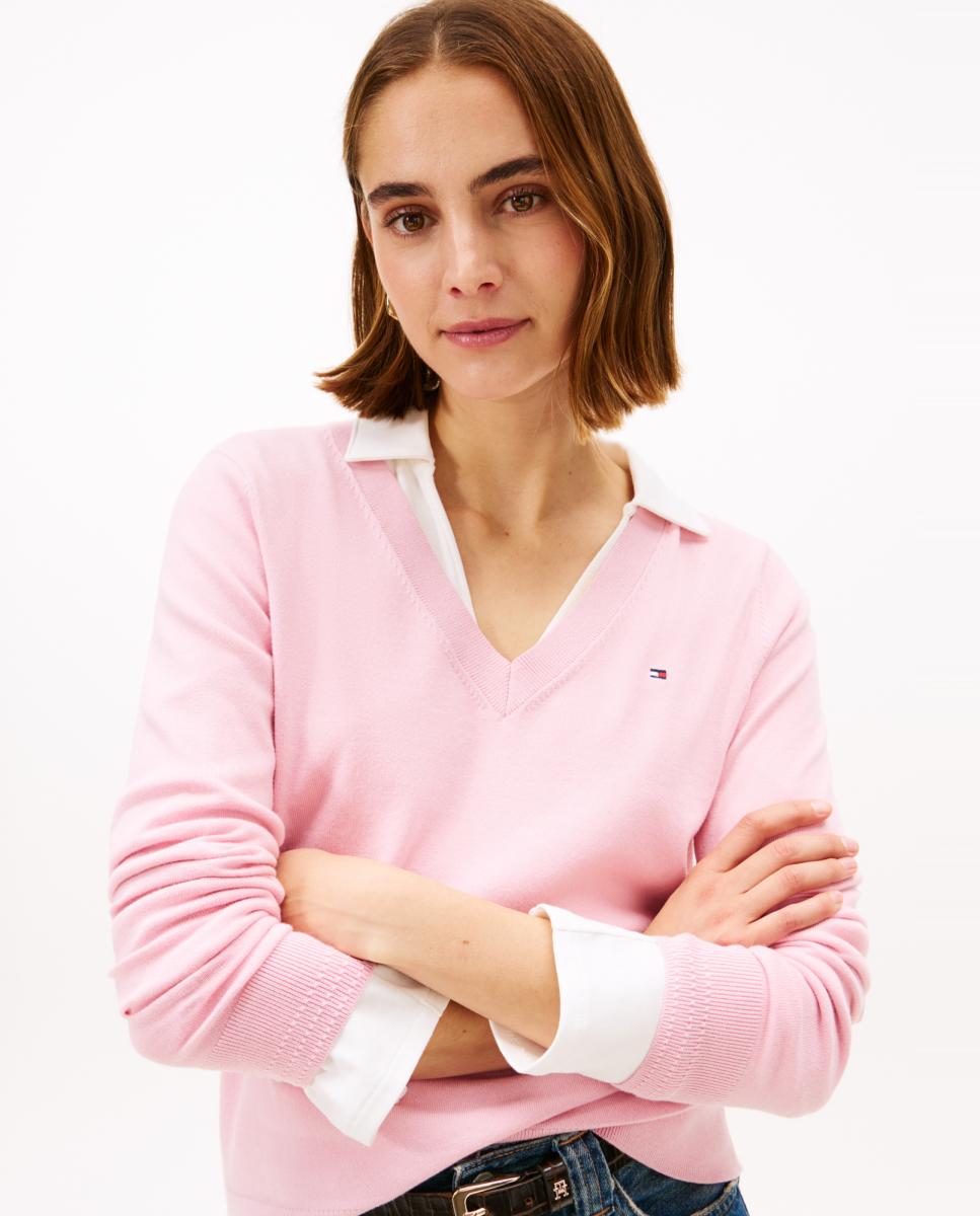 Camisola de malha com decote em bico Rosa-3