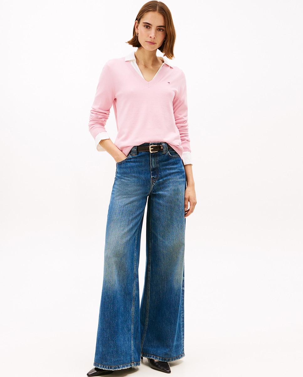 Camisola de malha com decote em bico Rosa-7