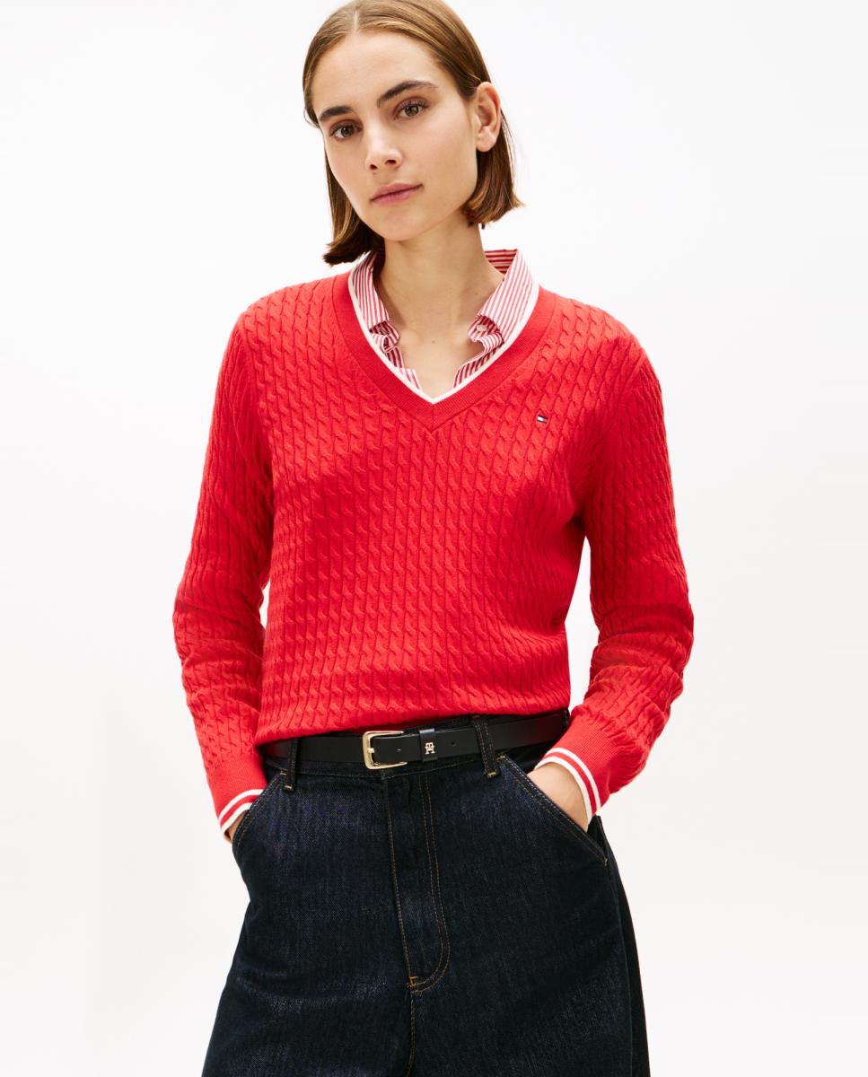 Camisola de Malha do Cabo com Decote em Bico Vermelho-1