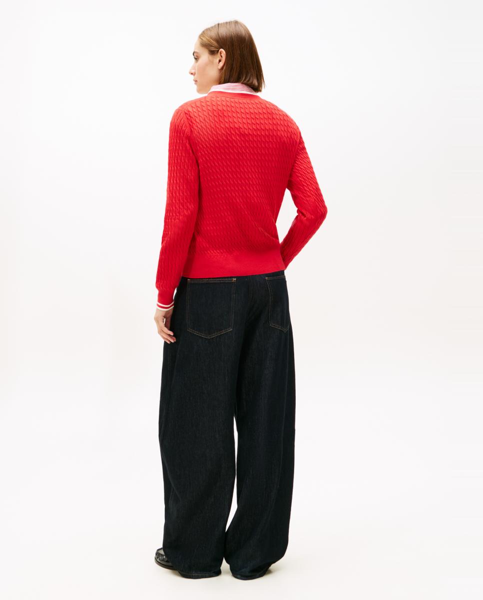 Camisola de Malha do Cabo com Decote em Bico Vermelho-2