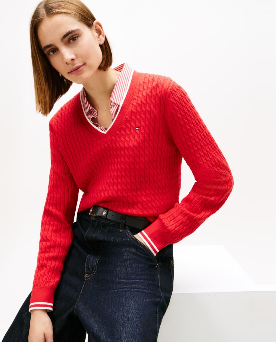 Camisola de Malha do Cabo com Decote em Bico Vermelho-3