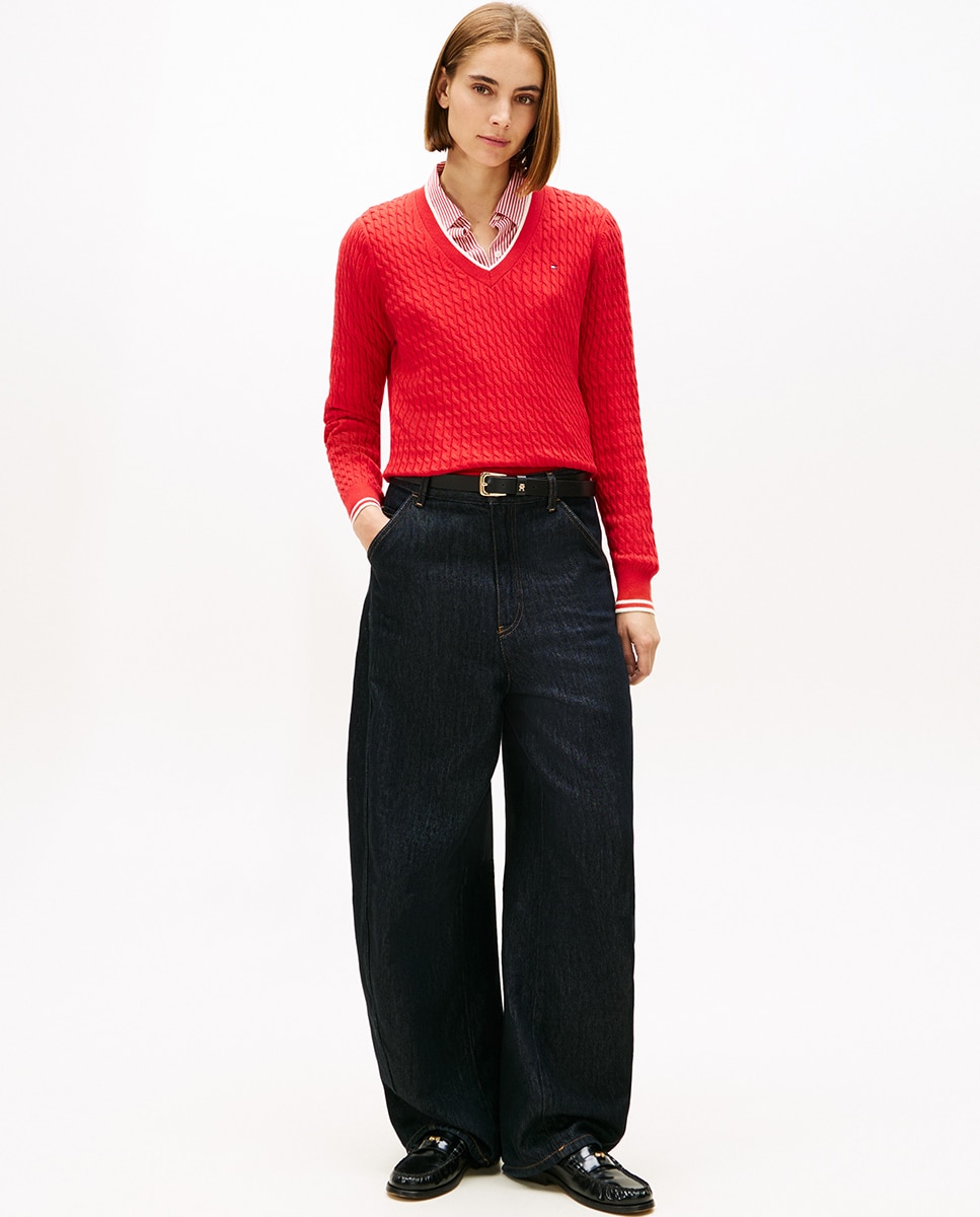 Camisola de Malha do Cabo com Decote em Bico Vermelho-7