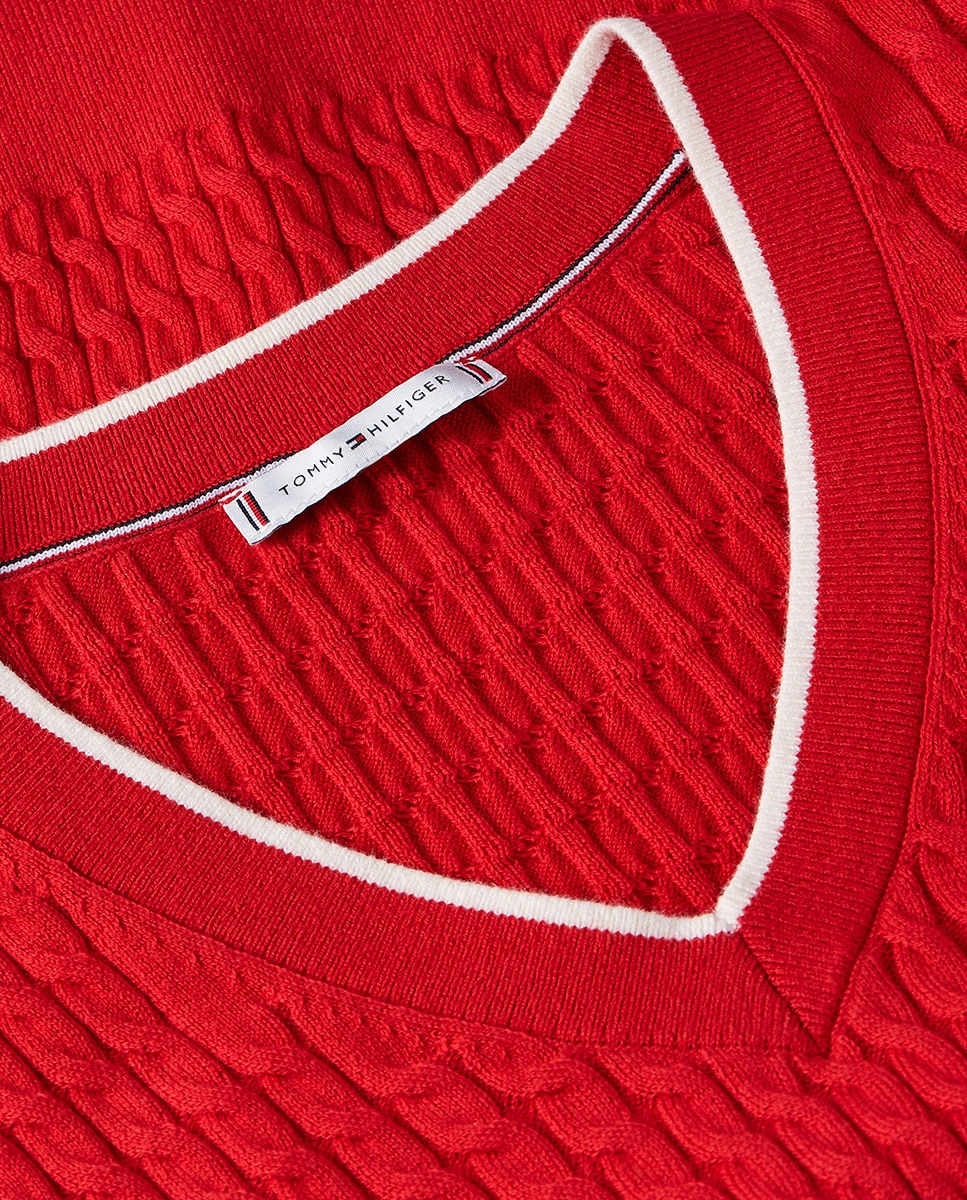 Camisola de Malha do Cabo com Decote em Bico Vermelho-6