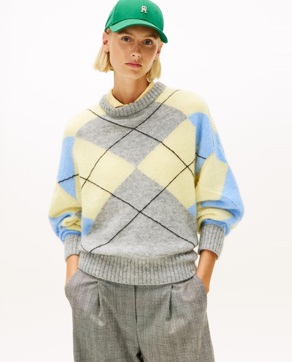 Camisola de Malha de Lã de Alpaca com Losangos Amarelo-1