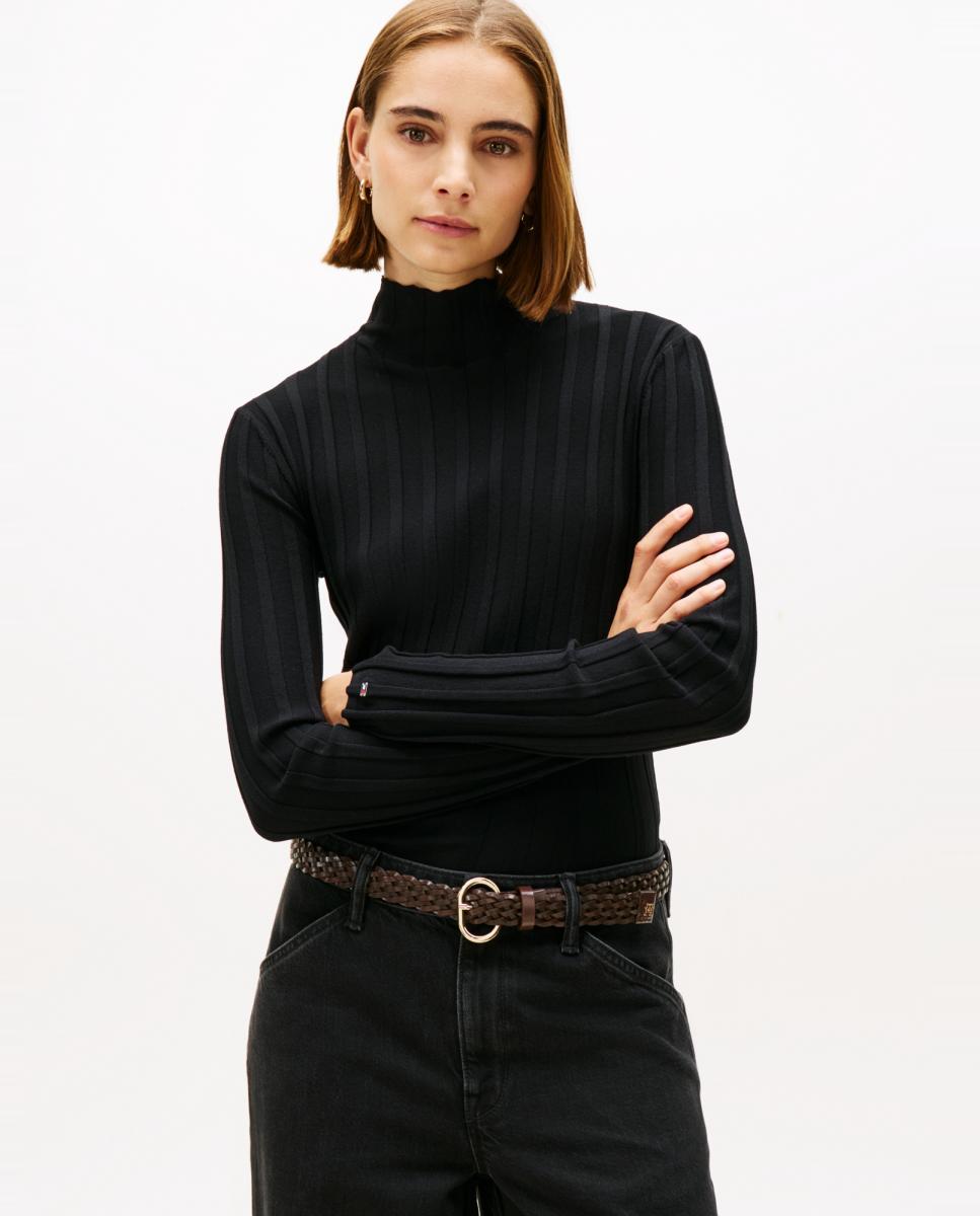 Camisola de Malha Canelada com Transparência Atrás Preto-1