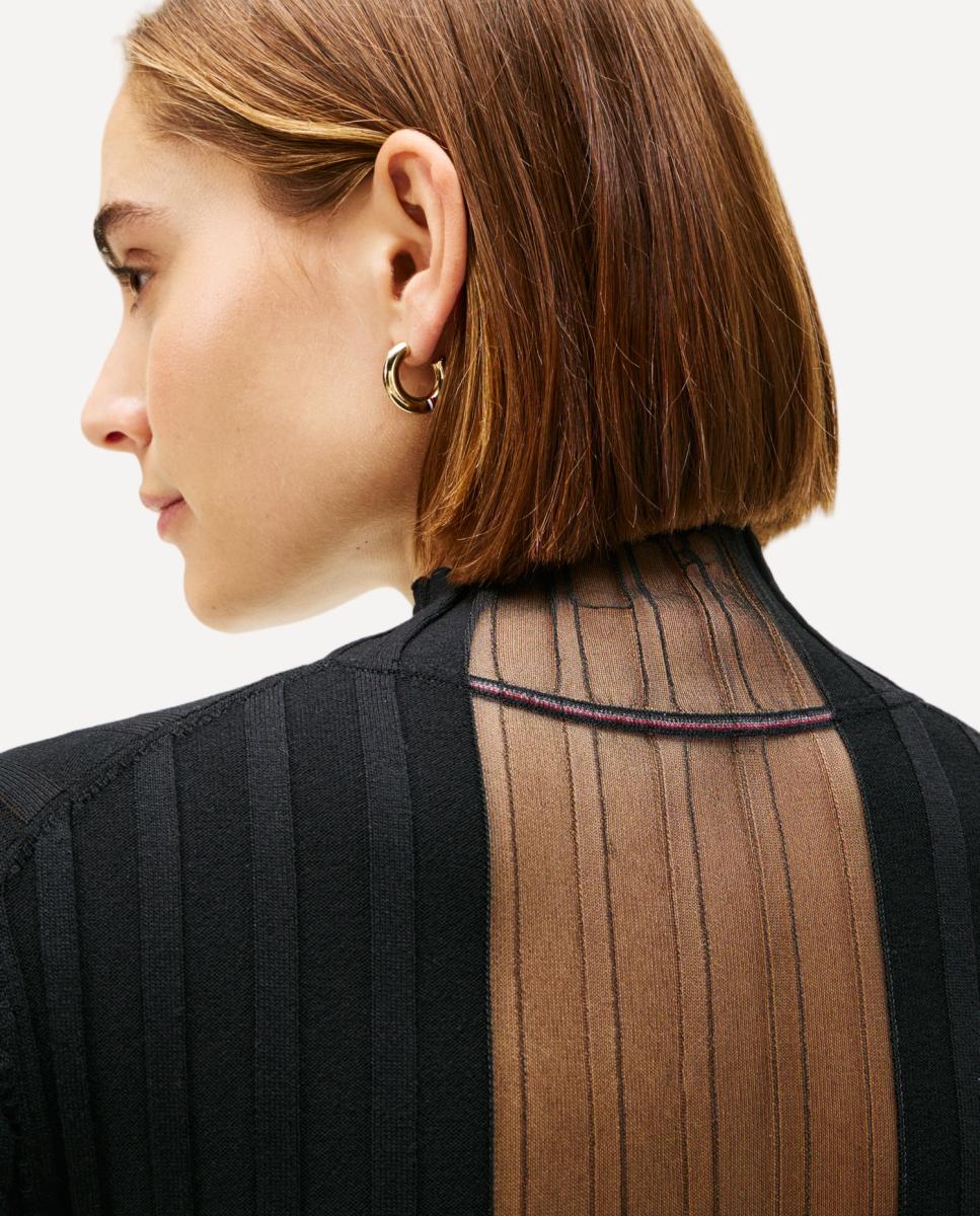 Camisola de Malha Canelada com Transparência Atrás Preto-3