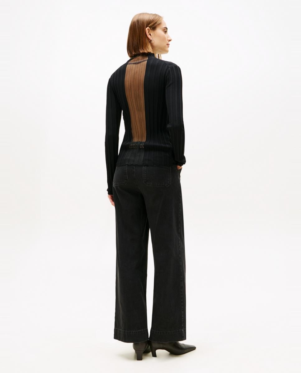Camisola de Malha Canelada com Transparência Atrás Preto-4