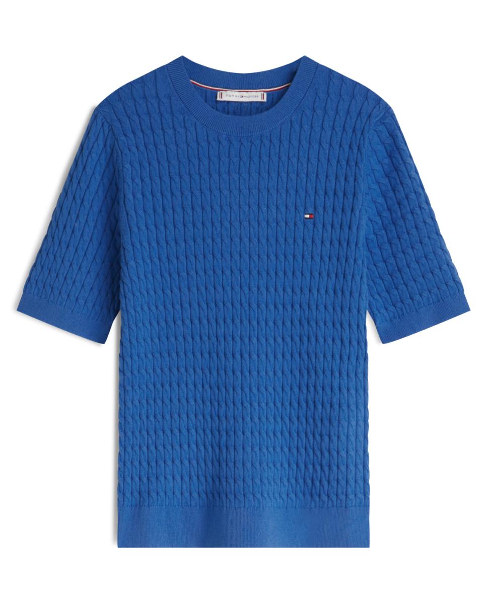 Camisola de Malha do Cabo com Manga Curta Azul-índigo-1
