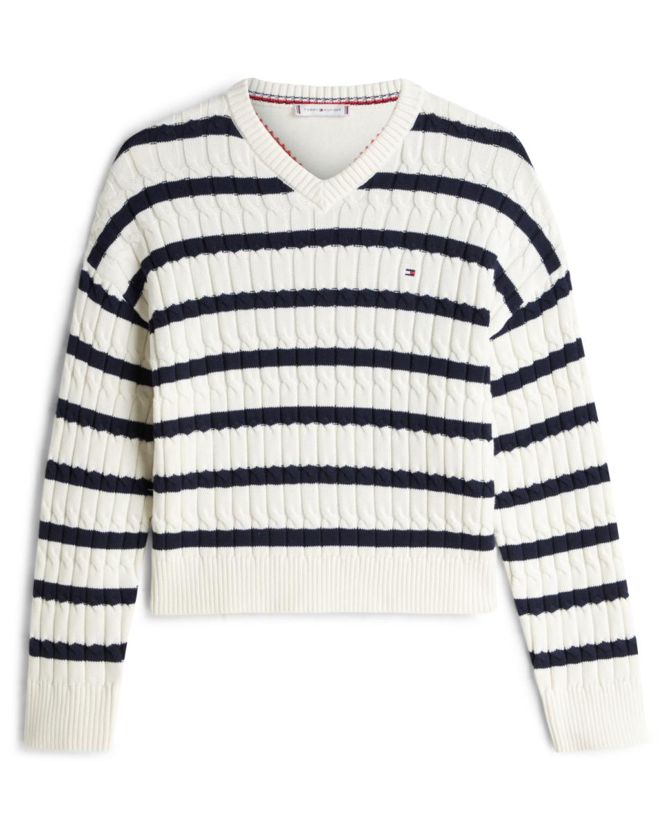 Camisola de Malha do Cabo às Riscas com Decote em Bico Branco-1