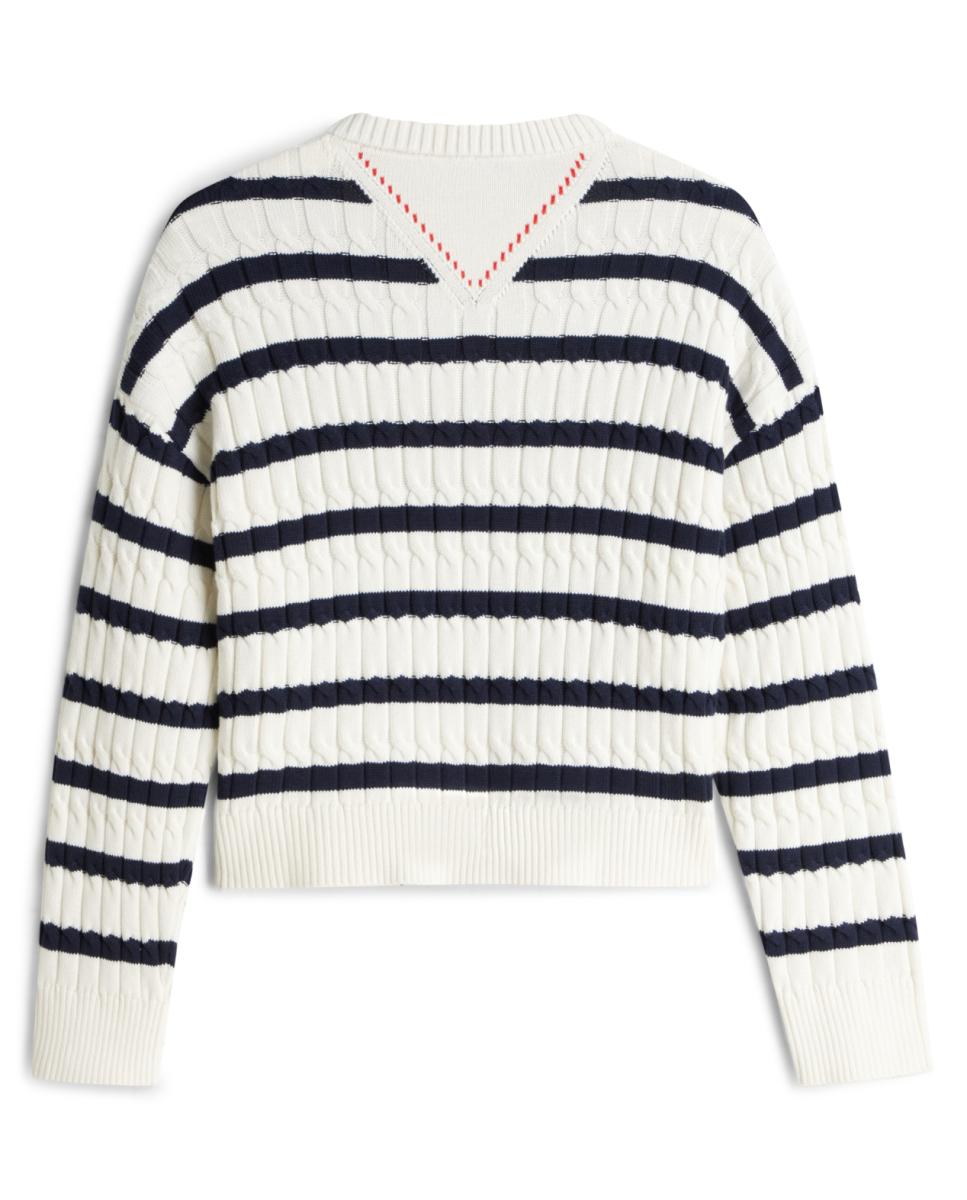 Camisola de Malha do Cabo às Riscas com Decote em Bico Branco-2