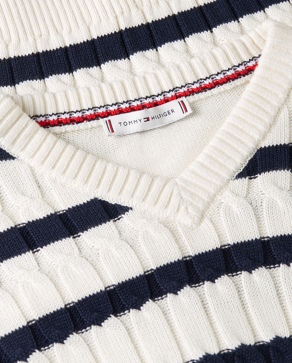 Camisola de Malha do Cabo às Riscas com Decote em Bico Branco-3