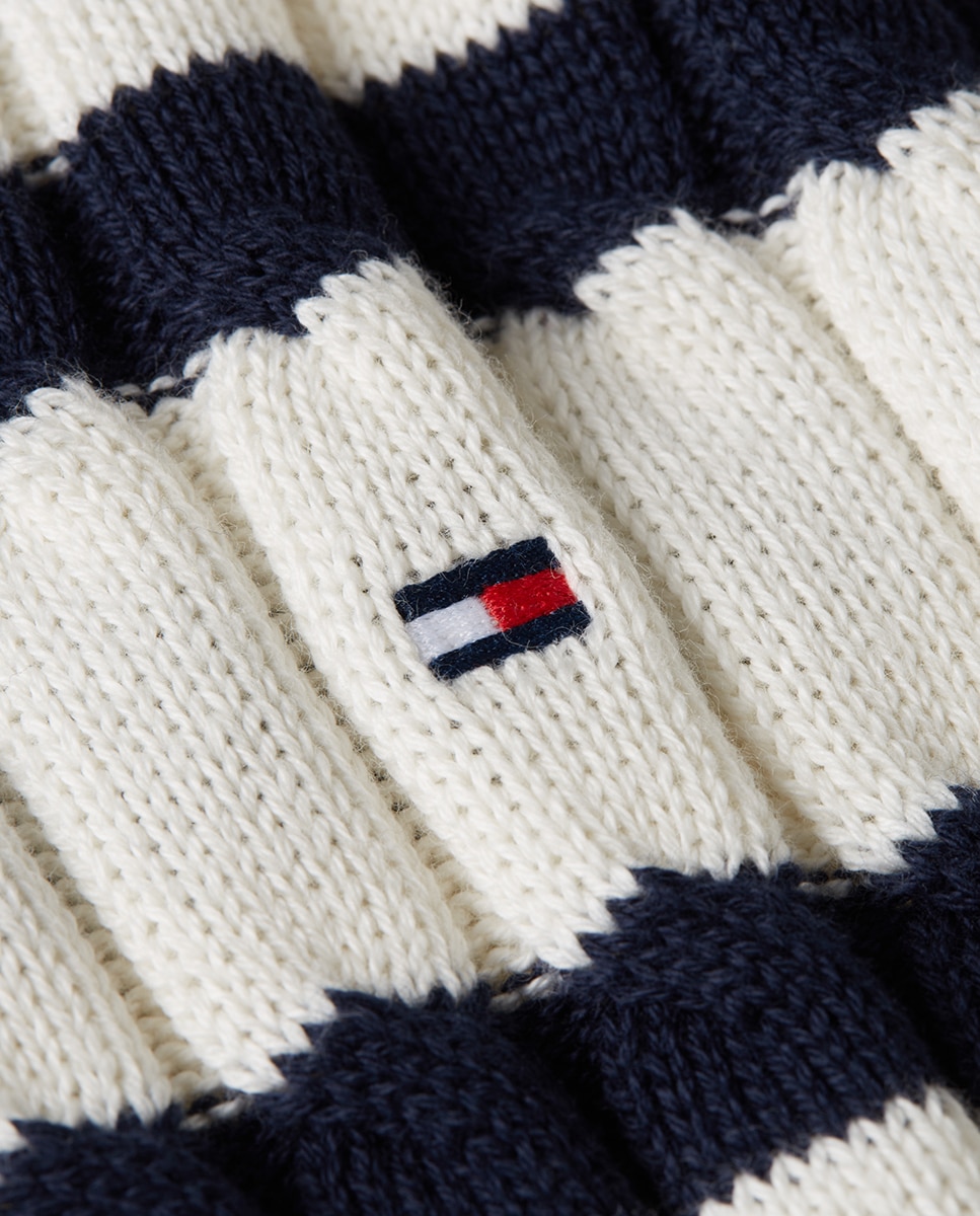 Camisola de Malha do Cabo às Riscas com Decote em Bico Branco-4