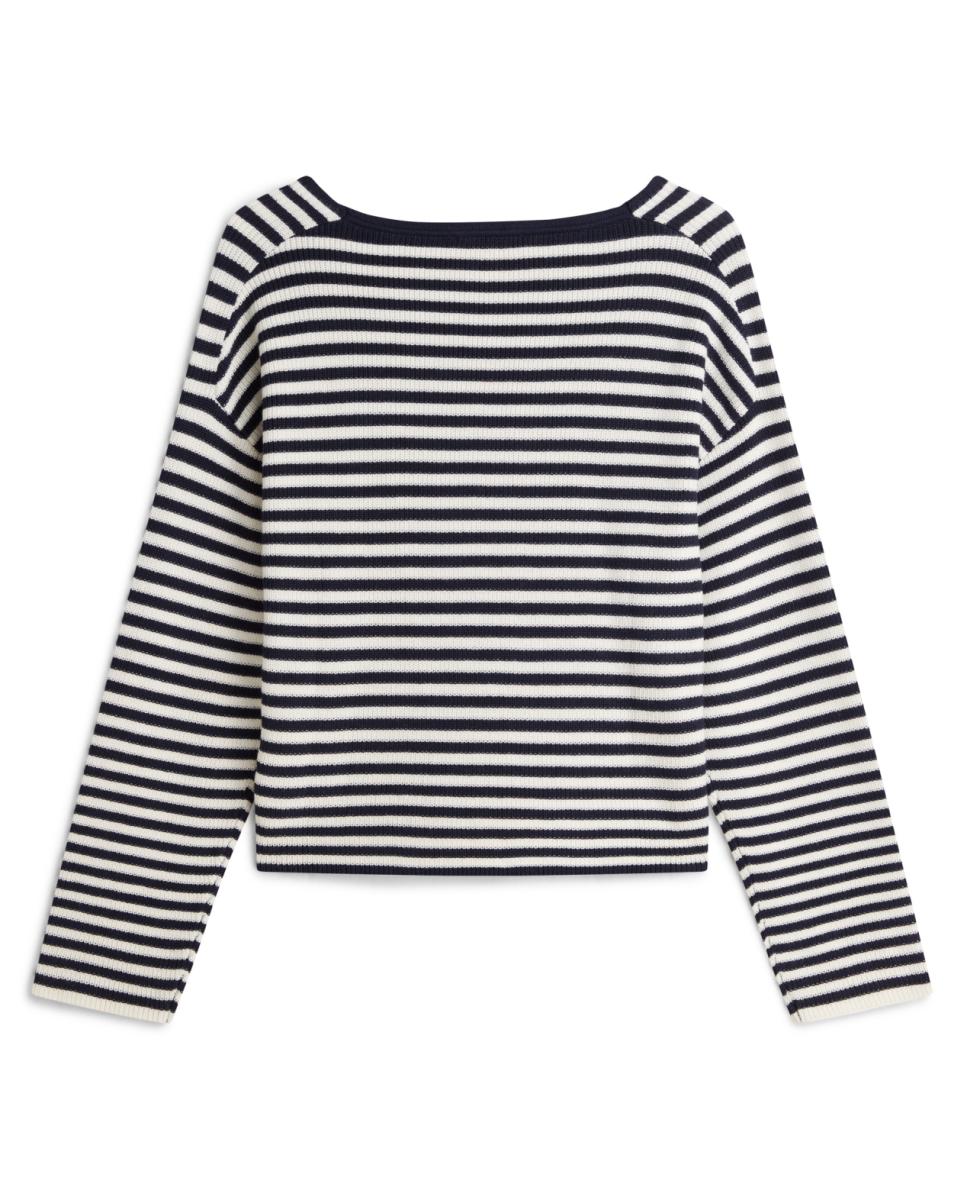Camisola de Malha às Riscas com Decote à Barco Azul-marinho-2