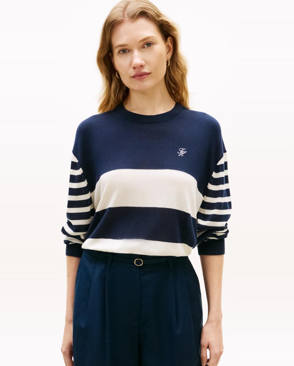 Camisola de Malha às Riscas com Decote Redondo Azul-marinho-1