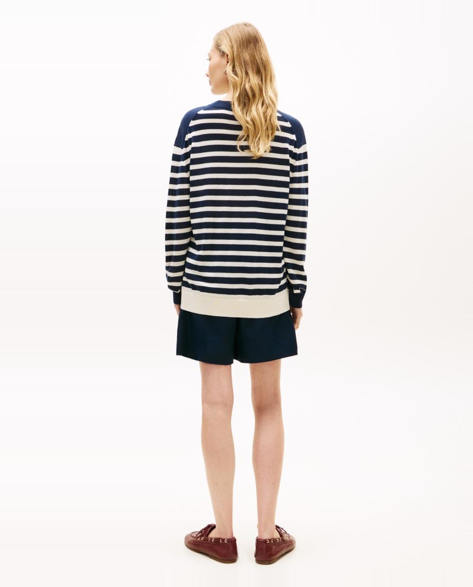 Camisola de Malha às Riscas com Decote Redondo Azul-marinho-2