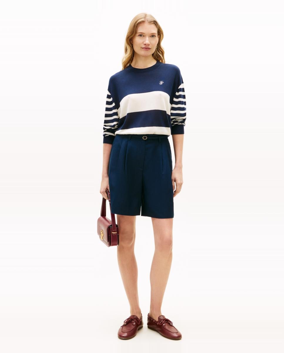 Camisola de Malha às Riscas com Decote Redondo Azul-marinho-8
