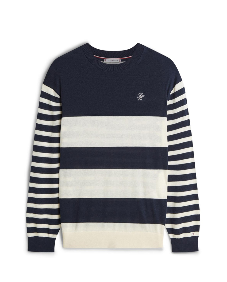 Camisola de Malha às Riscas com Decote Redondo Azul-marinho-4