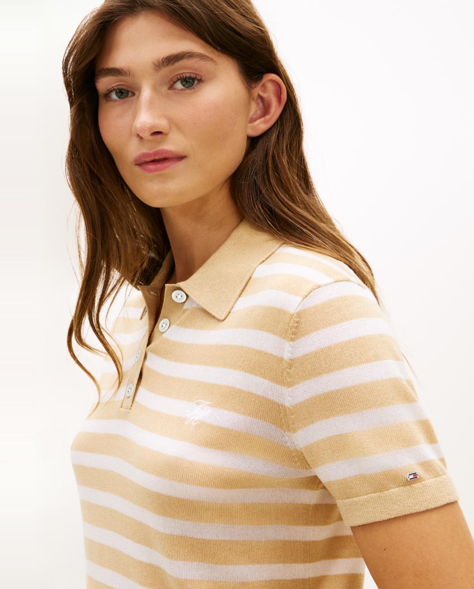 Camisola de Malha Tipo Polo às Riscas com Estampado TH Script Bege-3