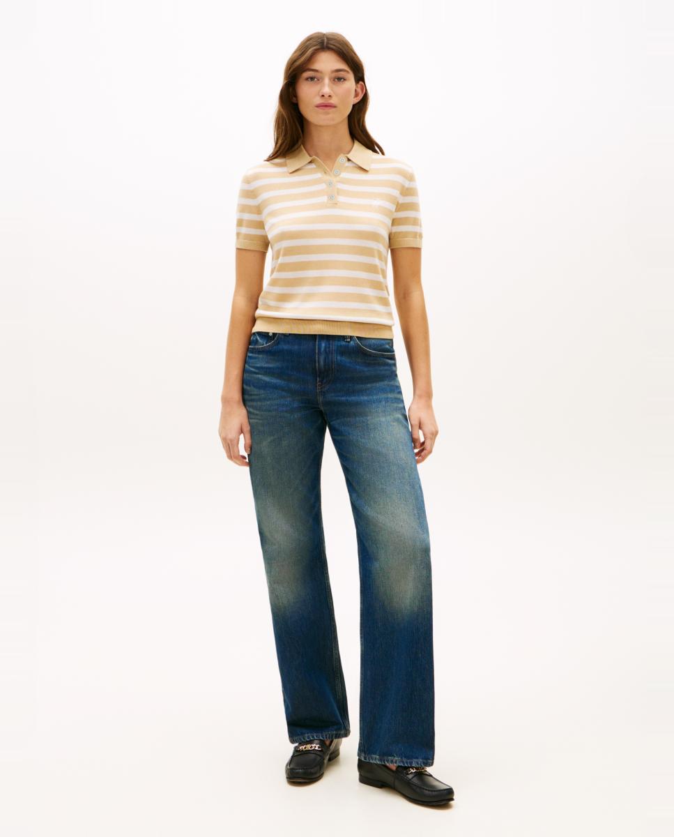 Camisola de Malha Tipo Polo às Riscas com Estampado TH Script Bege-8