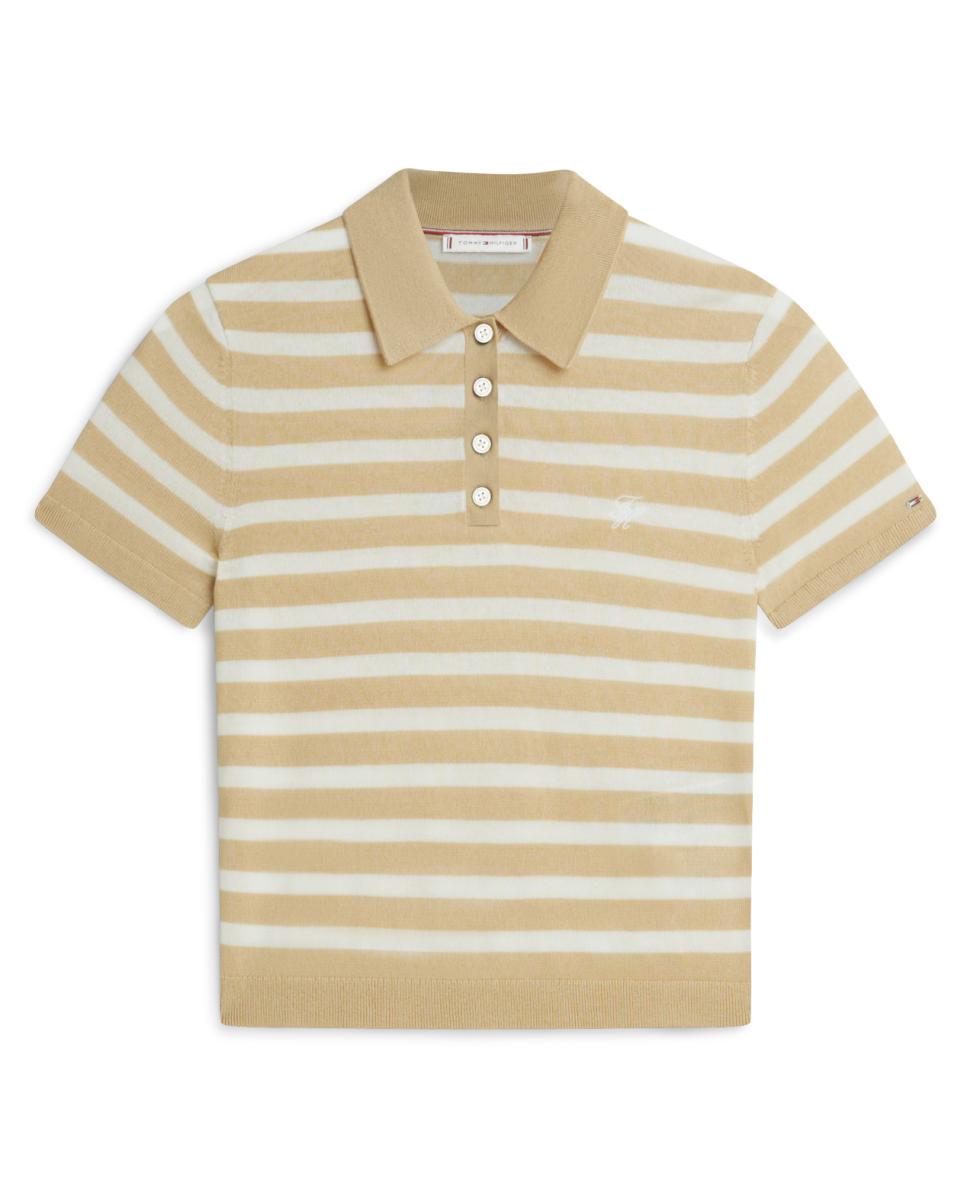 Camisola de Malha Tipo Polo às Riscas com Estampado TH Script Bege-4