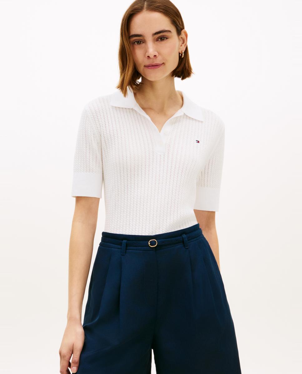 Imagem 0 de Camisola de Malha Tipo Polo de Pointelle com Manga Curta