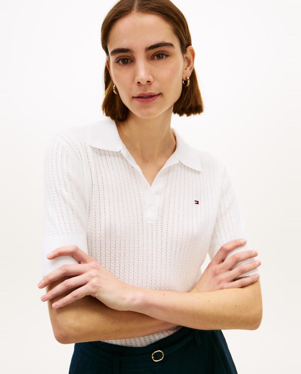 Camisola de Malha Tipo Polo de Pointelle com Manga Curta Branco-3