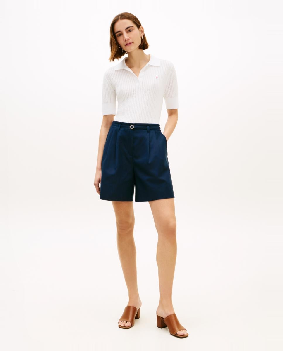 Camisola de Malha Tipo Polo de Pointelle com Manga Curta Branco-8